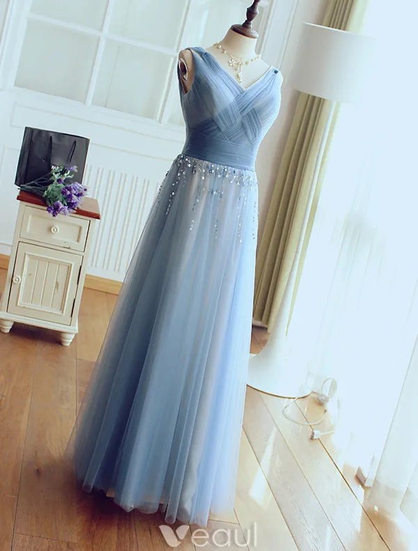 Robes De Soirée Glamour 2017 V-cou Volanté Tulle Avec Sequins Gland Robe Longue