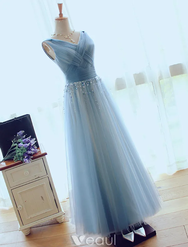 Robes De Soirée Glamour 2017 V-cou Volanté Tulle Avec Sequins Gland Robe Longue