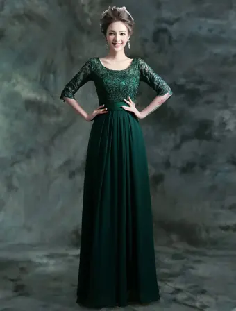 Modest Long Lace Evening Dress Dark Green Formal Dress With Sleeves