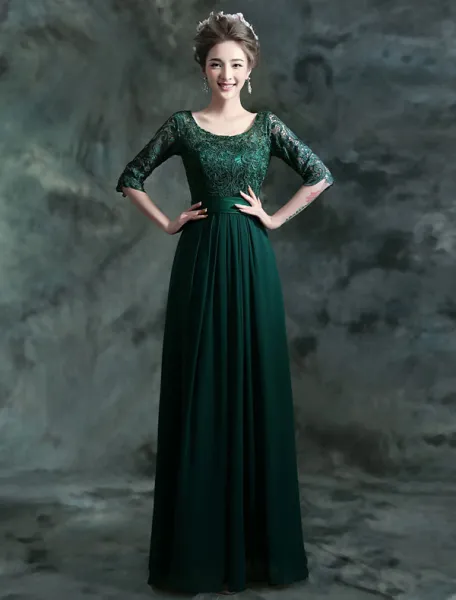 Modest Lange Spitze Abendkleid Dunkelgrünes Festliche Kleid Mit Ärmeln