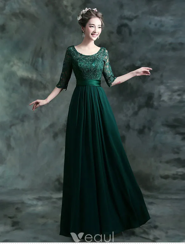 Modest Long Lace Evening Dress Dark Green Formal Dress With Sleeves