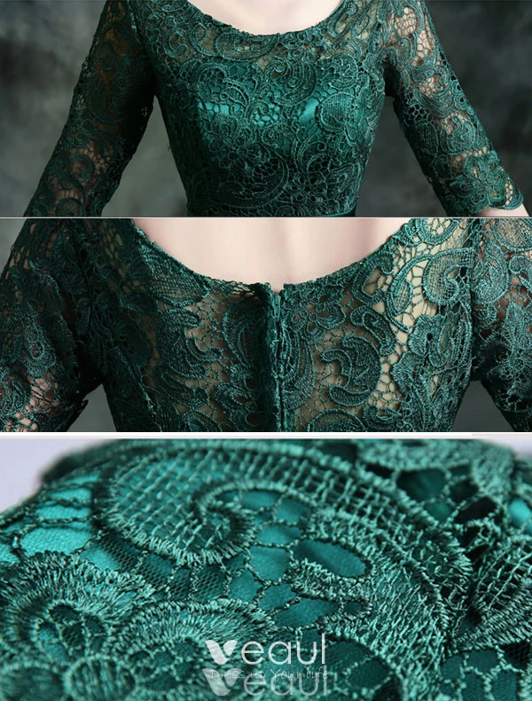Modest Long Lace Evening Dress Dark Green Formal Dress With Sleeves