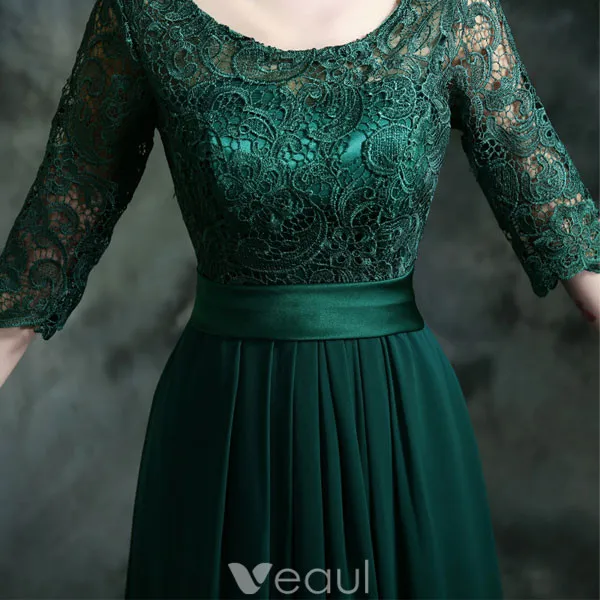 Sketch of Vintage Dark Green Lace Long Sleeve Formal Gown - Lunss