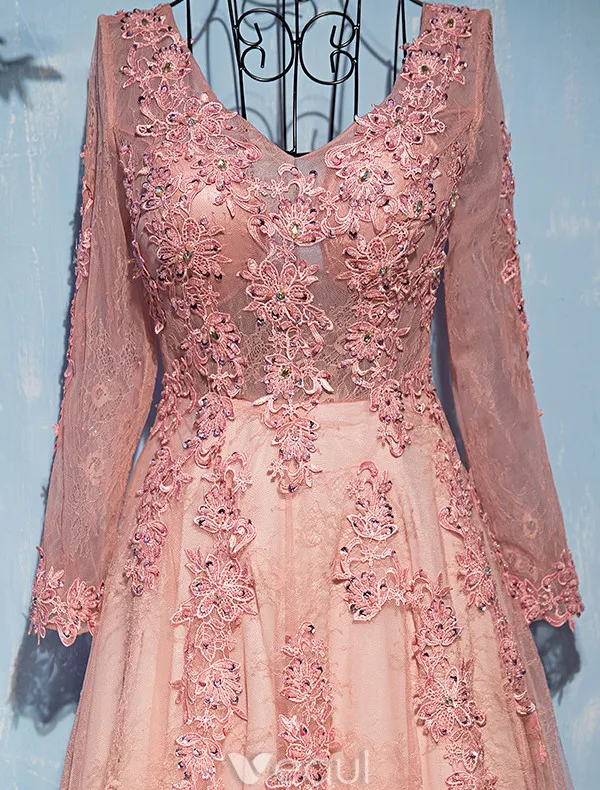 Glamorous Evening Dresses 2017 V-neck Applique Lace With Sequins Pearl Pink Lace Tulle Long Dress