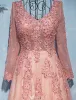 Glamouröse Abendkleider 2017 V-ausschnitt Applique Spitze Mit Pailletten Perle Rosa Spitze Tüll Langes Kleid