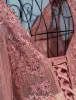 Glamouröse Abendkleider 2017 V-ausschnitt Applique Spitze Mit Pailletten Perle Rosa Spitze Tüll Langes Kleid
