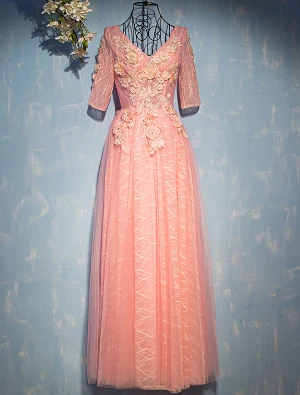 Bloem Fee Avondjurken 2017 V Hals Applique Bloemen Gestreepte Parel Roze Lace Lange Jurk