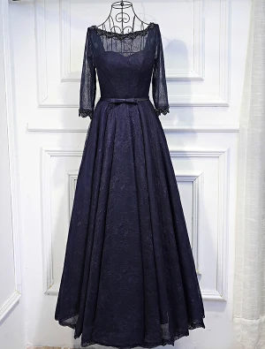 Elegante Avondjurken 2017 Kralen Ronde Hals Ruche Navy Blauwe Kant Ruglooze Jurk