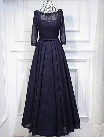 Elegant Evening Dresses 2017 Beading Scoop Neck Ruffle Navy Blue Lace Backless Dress