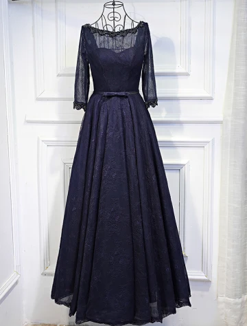 Elegante Avondjurken 2017 Kralen Ronde Hals Ruche Navy Blauwe Kant Ruglooze Jurk