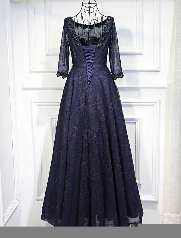 Elegant Evening Dresses 2017 Beading Scoop Neck  Ruffle Navy Blue Lace Backless Dress