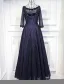 Elegant Evening Dresses 2017 Beading Scoop Neck  Ruffle Navy Blue Lace Backless Dress