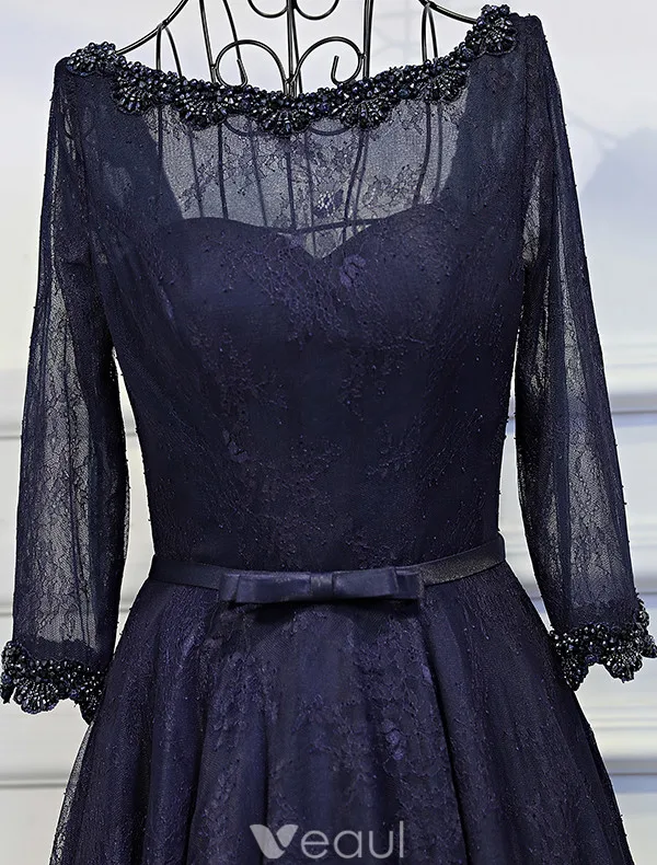 Elegant Evening Dresses 2017 Beading Scoop Neck  Ruffle Navy Blue Lace Backless Dress