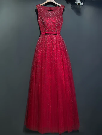 Robes De Soirée Brillantes 2017 Scoop Décolleté Perles Rhinestones Robe De Dentelle Bourgogne