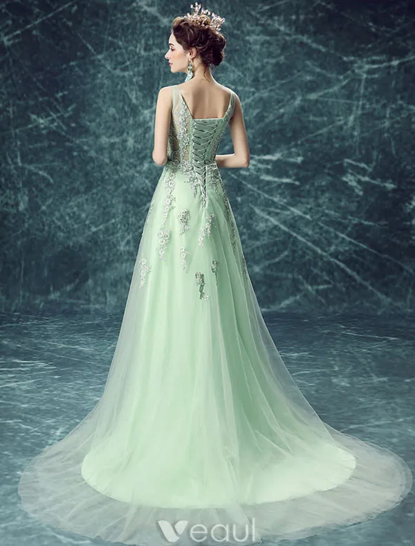 Robe De Soirée En Dentelle Sexy Robe Longue En Tulle Vert Avec Fleurs