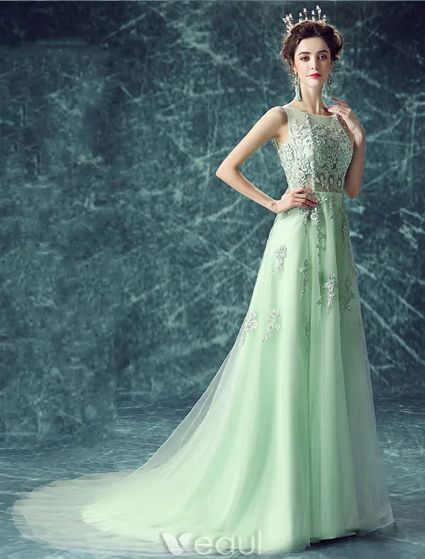 Robe De Soirée En Dentelle Sexy Robe Longue En Tulle Vert Avec Fleurs