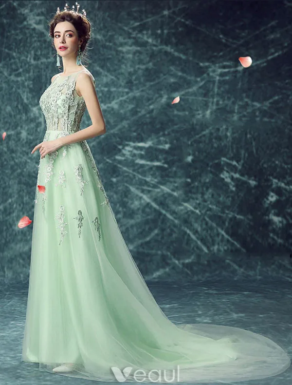 Robe De Soirée En Dentelle Sexy Robe Longue En Tulle Vert Avec Fleurs
