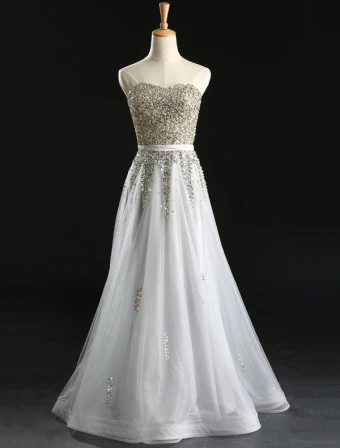 Sparkly Prom Dresses 2017 Sweetheart Beading Sequins Silver Long Dress