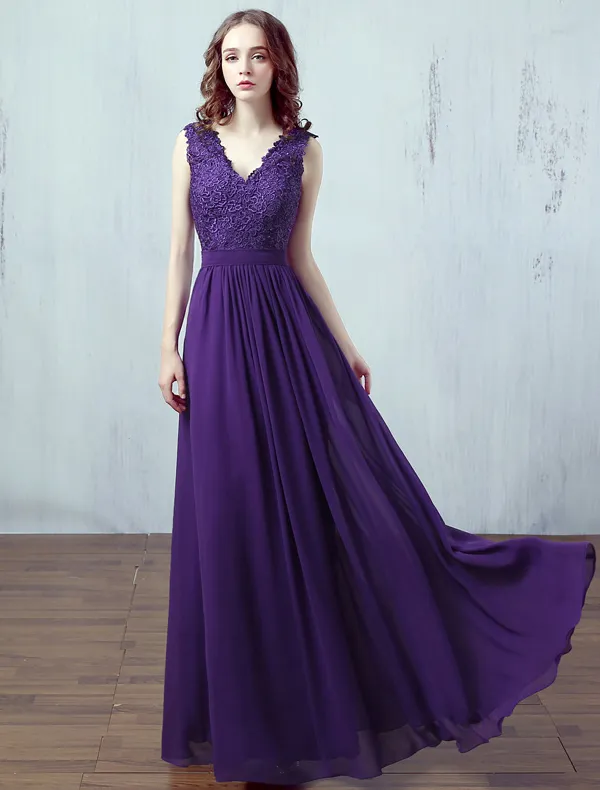 Solid Color Evening Dresses 2017 Simple Design Applique Lace Purple Chiffon Long Dress