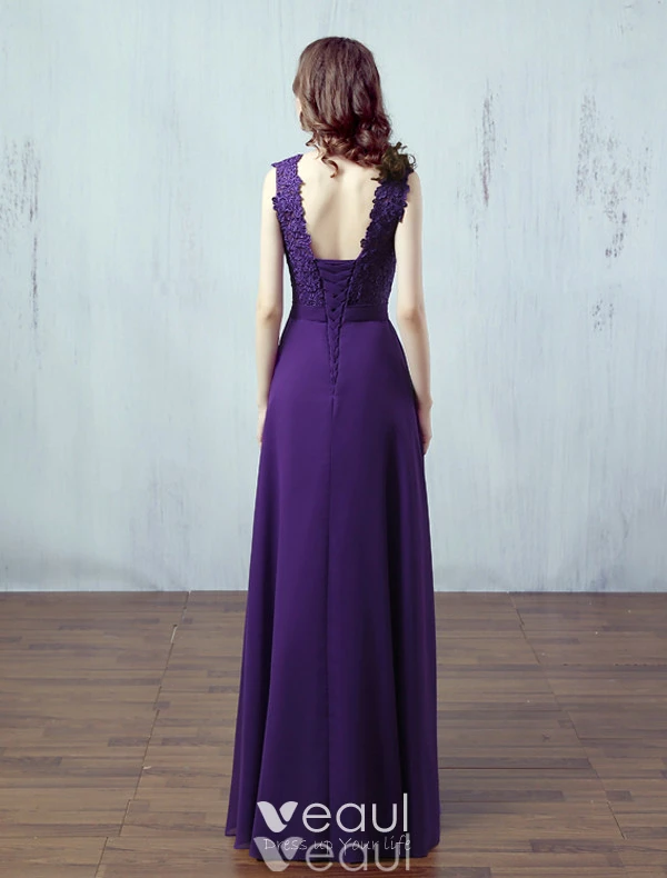 Solid Color Evening Dresses 2017 Simple Design Applique Lace Purple Chiffon Long Dress