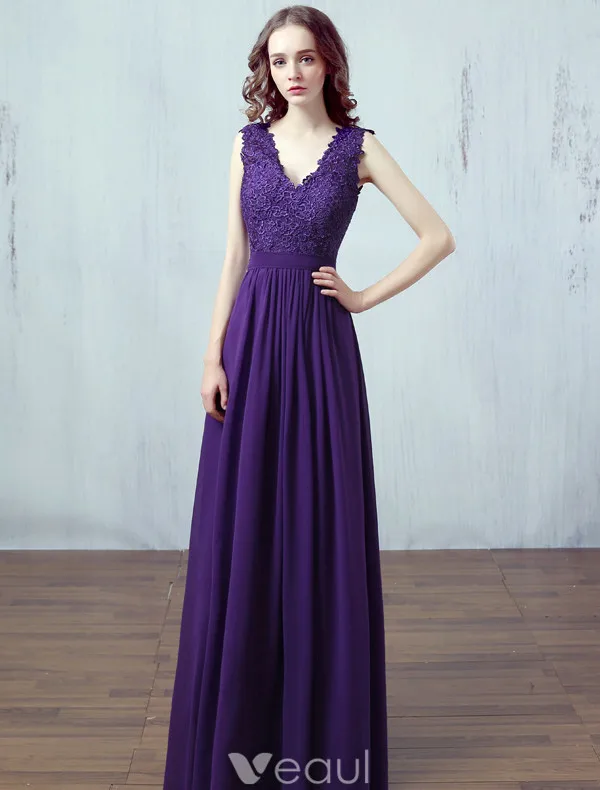 Robe De Soirée De Couleur Unie 2017 Conception Simple Applique Dentelle Robe Pourpre Robe Longue