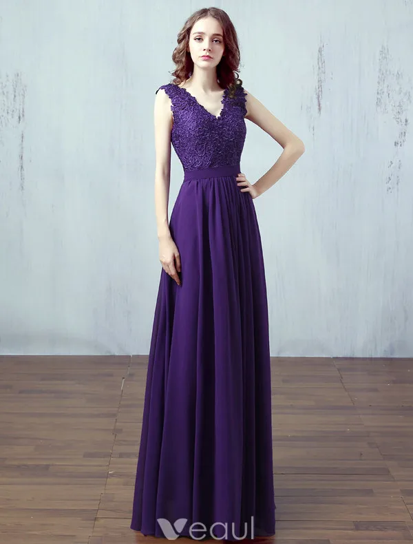 Robe De Soirée De Couleur Unie 2017 Conception Simple Applique Dentelle Robe Pourpre Robe Longue