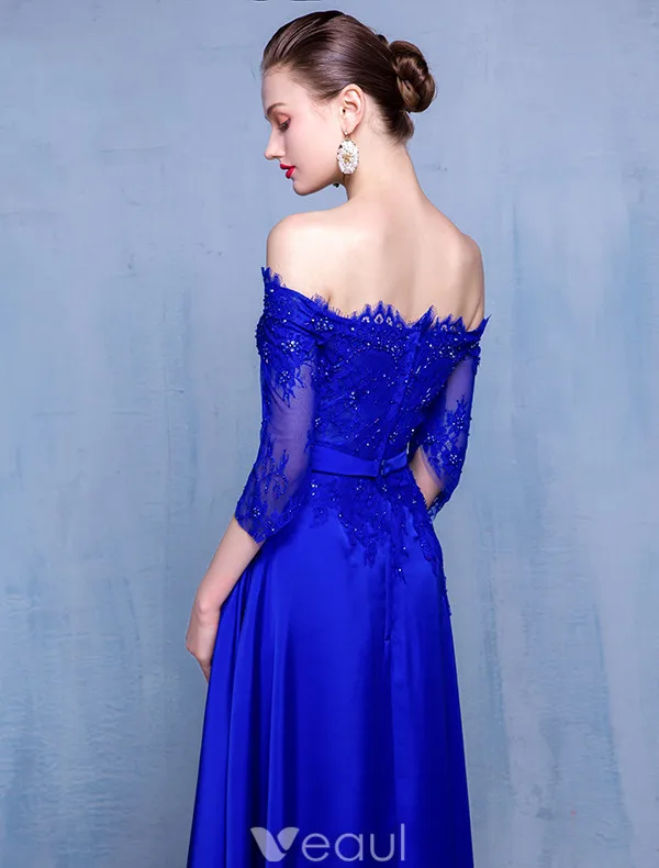 Sexy Evening Dresses 2017 Eyelashes Lace With Heavy Handmade Beading Royal Blue Dress