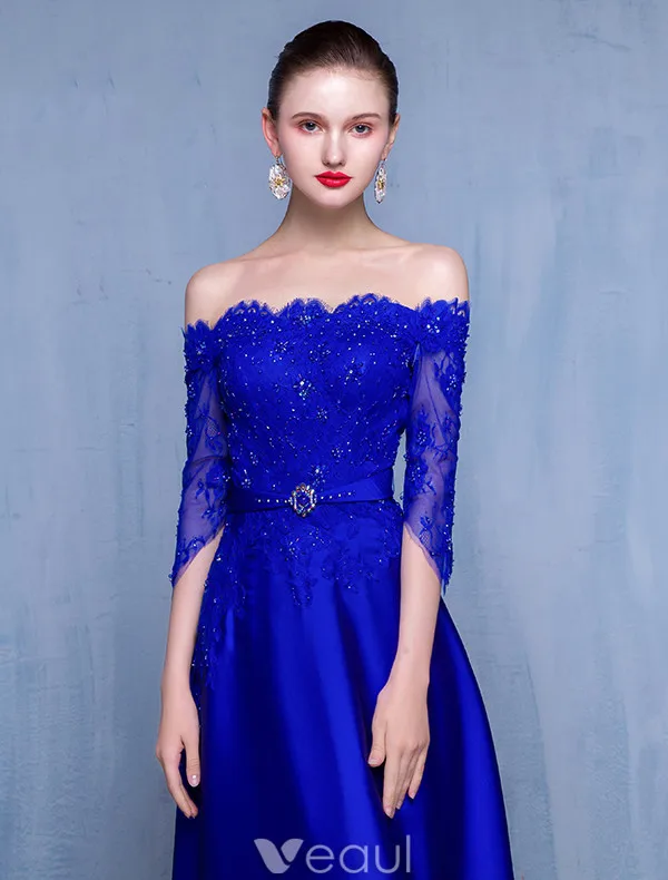 Sexy Evening Dresses 2017 Eyelashes Lace With Heavy Handmade Beading Royal Blue Dress