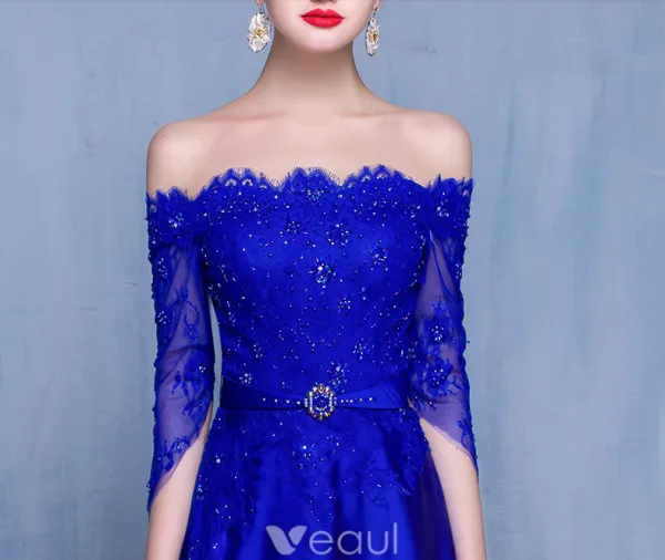 Sexy Evening Dresses 2017 Eyelashes Lace With Heavy Handmade Beading Royal Blue Dress