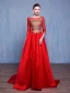 Beautiful Prom Dresses 2017 Scoop Neck Embroidered Gold Flower Ruffle Red Satin Dress