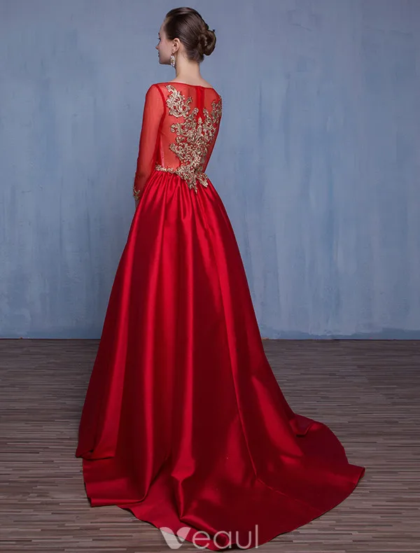Beautiful Prom Dresses 2017 Scoop Neck Embroidered Gold Flower Ruffle Red Satin Dress