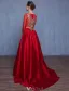 Beautiful Prom Dresses 2017 Scoop Neck Embroidered Gold Flower Ruffle Red Satin Dress