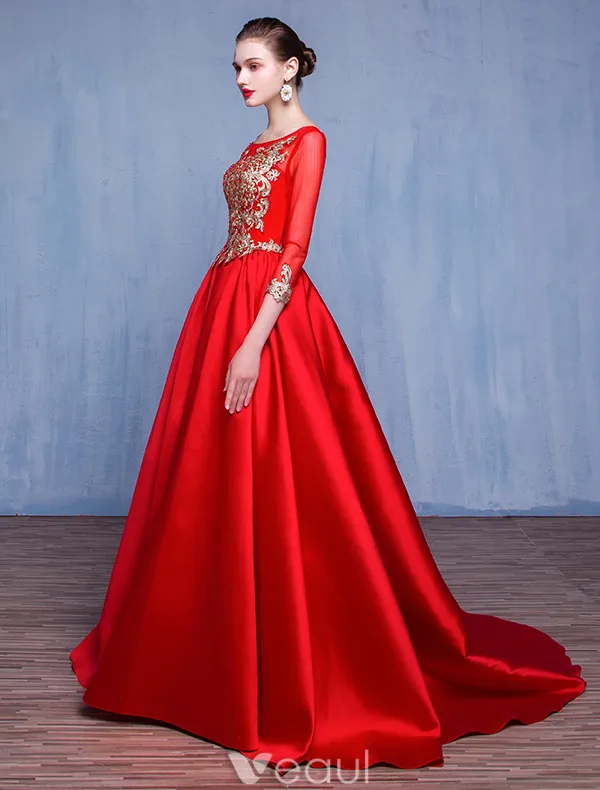 Beautiful Prom Dresses 2017 Scoop Neck Embroidered Gold Flower Ruffle Red Satin Dress