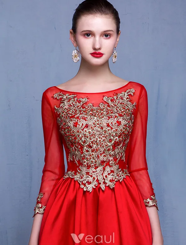 Beautiful Prom Dresses 2017 Scoop Neck Embroidered Gold Flower Ruffle Red Satin Dress