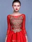Beautiful Prom Dresses 2017 Scoop Neck Embroidered Gold Flower Ruffle Red Satin Dress
