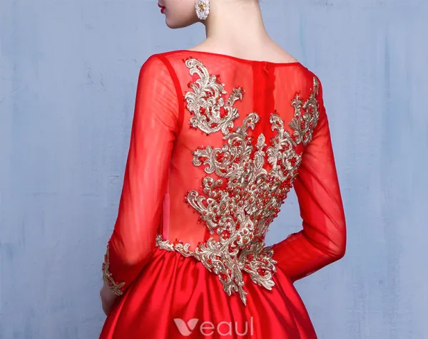 Beautiful Prom Dresses 2017 Scoop Neck Embroidered Gold Flower Ruffle Red Satin Dress