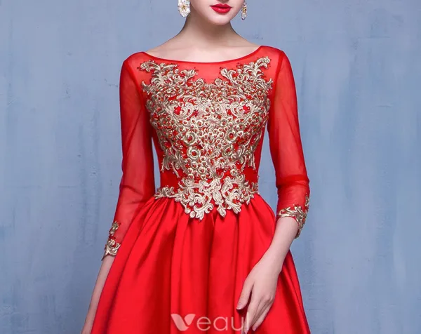Beautiful Prom Dresses 2017 Scoop Neck Embroidered Gold Flower Ruffle Red Satin Dress