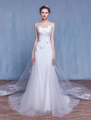 Robes De Mariée Sirène Glamour 2017 Encolure Carré Applique Dentelle Perles Strass Robe De Mariée Avec Train De 100 Cm