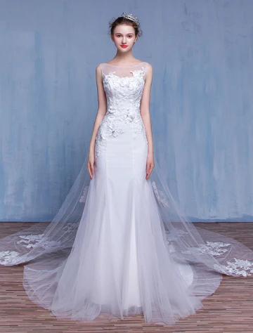 Robes De Mariée Sirène Glamour 2017 Encolure Carré Applique Dentelle Perles Strass Robe De Mariée Avec Train De 100 Cm