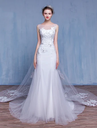 Bezaubernde Meerjungfrau Hochzeitskleider 2017 Quadratische Ausschnitt Appliquet Spitze Die Rhinestones Brautkleider Mit 100 Cm Zug Bördelt
