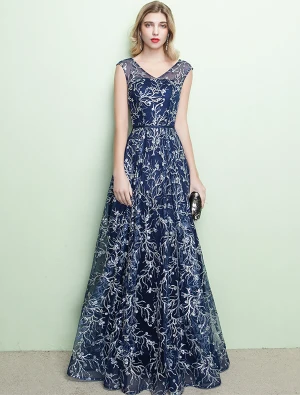 Robe De Soirée Brillantes 2017 V Cou Brodé Brodé Bleu Marine Robe Bleue