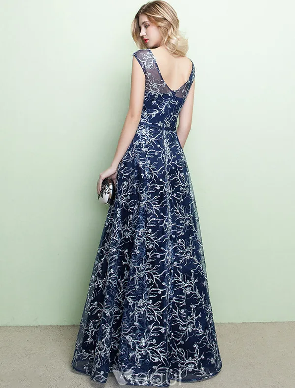 Robe De Soirée Brillantes 2017 V-cou Brodé Brodé Bleu Marine Robe Bleue