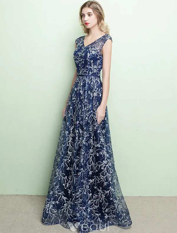 Robe De Soirée Brillantes 2017 V-cou Brodé Brodé Bleu Marine Robe Bleue