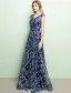 Robe De Soirée Brillantes 2017 V-cou Brodé Brodé Bleu Marine Robe Bleue
