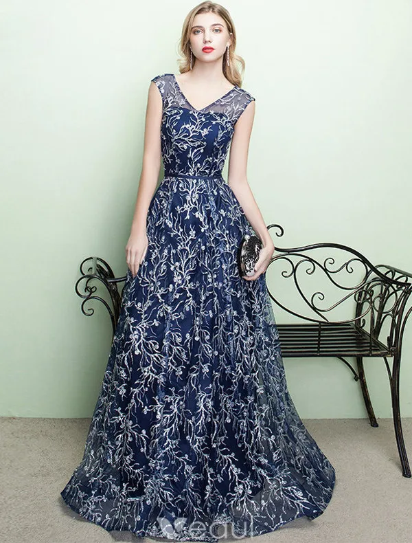 Robe De Soirée Brillantes 2017 V-cou Brodé Brodé Bleu Marine Robe Bleue