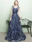 Robe De Soirée Brillantes 2017 V-cou Brodé Brodé Bleu Marine Robe Bleue