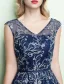 Robe De Soirée Brillantes 2017 V-cou Brodé Brodé Bleu Marine Robe Bleue