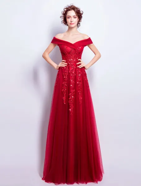 Piękna Długa Suknia Wieczorowa Czerwona Sukienka Tiulowa Off-the-ramię Z Koronką