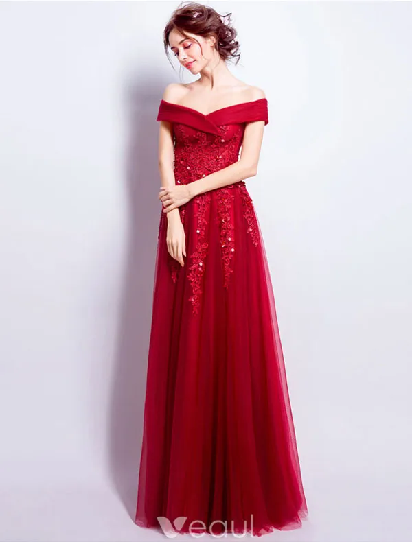 Belle Robe De Soirée Longue Rouge Tulle Sur La Robe De L'épaule Avec Dentelle
