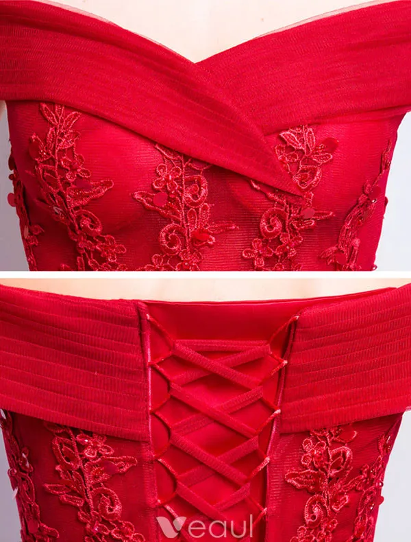 Belle Robe De Soirée Longue Rouge Tulle Sur La Robe De L'épaule Avec Dentelle